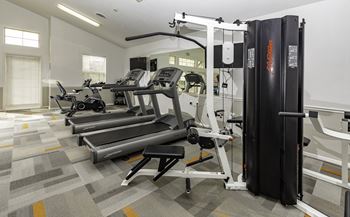 A gym with treadmills and exercise equipment.